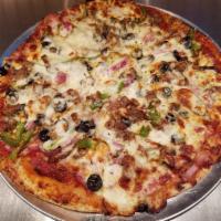 Chico Supreme Pizza · Pepperoni, Canadian bacon, mushrooms, black olives, green peppers, sausage and red onions.
