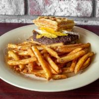 Waffle Burger w/ fries · served w/ fried egg or sunny side up. Served w/ seasoned  fries