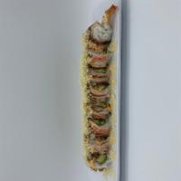 Shaggy Dog Special Roll · Shrimp tempura, avocado topped with crab meat, eel sauce, spicy mayo, and crunch.