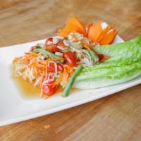 Papaya Salad · Thai famous som tum with green papaya, carrots, green beans, tomatoes, peanut-flavored with ...