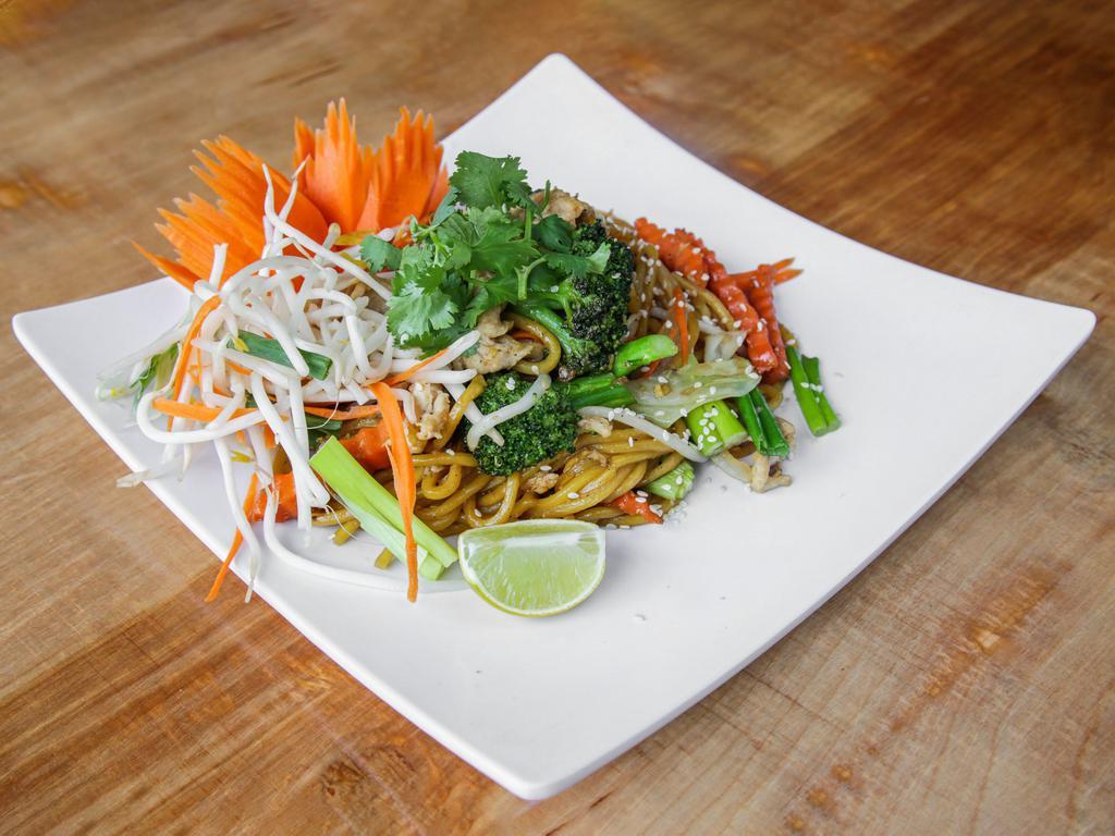 Yakisoba · Our famous yakisoba noodles are stir-fried with egg, broccoli, carrot, onions, and cabbage top with bean sprout, green onion, carrot, cilantro with a sprinkle of a sesame seed.