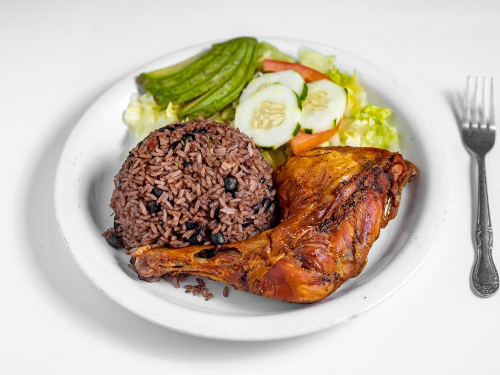 Baked Chicken · Pollo al horno. Served with white rice, habichuelas, and salad.