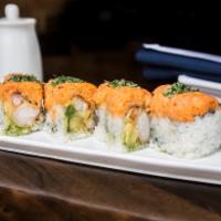 Chelsea Special Roll · Rock shrimp tempura with avocado on the inside. Topped with spicy snow crab and dried seaweed.