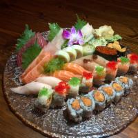 Sushi and Sashimi for 2 Entree · 10 pieces of sashimi, 8 pieces of sushi, a crunchy spicy salmon roll, a perfect match roll a...