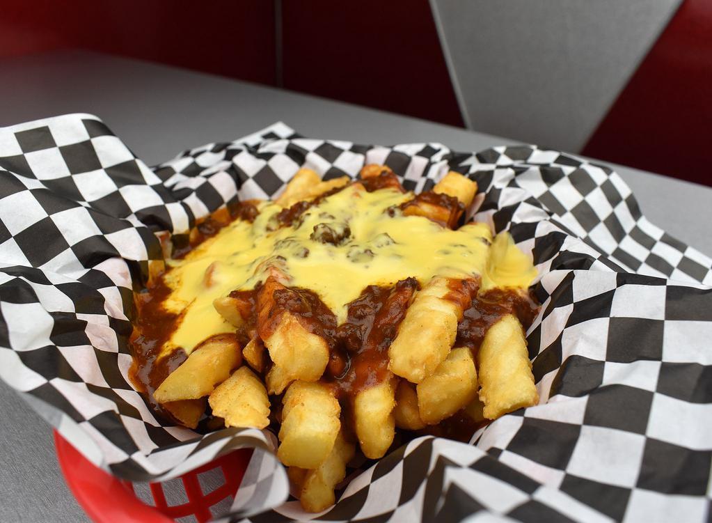 Chili Cheese Fries · Fried potatoes topped with cheese and chili. 
