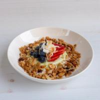  Bright Start Granola Bowl (GF) · Matcha Greek yogurt, house made gluten free cherry almond granola, berries. Gluten free.