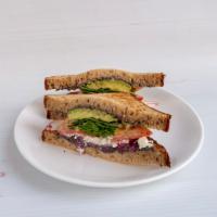  Greenwich Sandwich (V) · Black bean mash, avocado, radish, tomato, pickled red onion, feta, cilantro, chipotle aioli ...