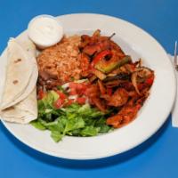 Grilled Chicken Fajita Platter · Served with 4 soft corn tortillas, Mexican rice, black beans, pico de Gallo, lettuce and sou...