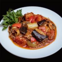 Eggplant with Sauce · Pan-fried diced eggplant topped with sauce made of fresh tomato, green and red pepper, onion...