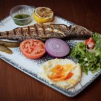 Branzini  · Mediterranean sea bass. Exotic, tender white meat, served whole, char-grilled. Served with m...