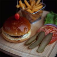 Hamburger · Beef burger, tomato, lettuce and onion. Served with french fries and pickles.