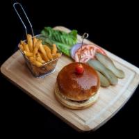 Cheeseburger · Beef burger, tomato, lettuce, onion, pickles, cheese. Served with french fries and coleslaw.
