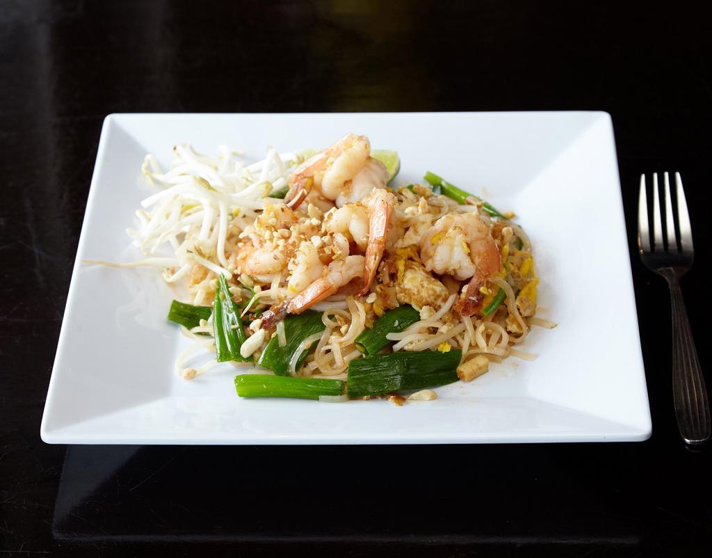 Pad Thai · Sauteed rice noodle with bean sprout, bean curd, egg, scallion, sweet turnip and ground peanut.