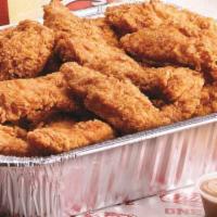 25 Golden Tenders with 3 Family Sides Family Meal · Served with gravy or sauce and 3 family size sides.