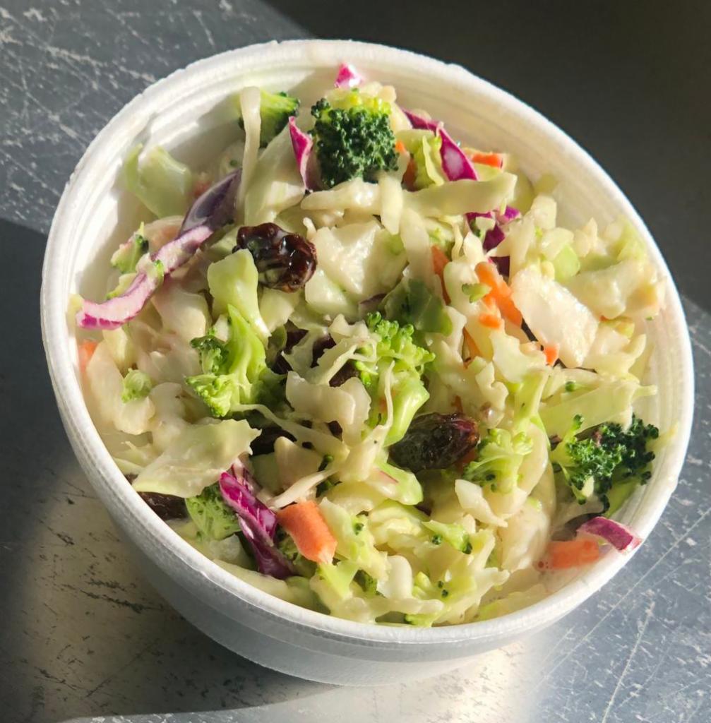 Broccoli Slaw · Sweet and zesty coleslaw with raisins and finely chopped broccoli 