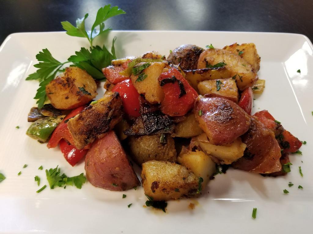 Homestyle Potatoes · Roasted organic potatoes with organic red and yellow peppers, organic onions.