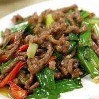 73. Quart of Beef with Scallions · Shredded beef, scallion, onion, bamboo shoot cooked in hot spicy sauce.