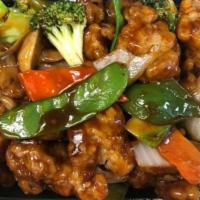5. Tai Chen Chicken · Chicken chunks lightly fried in spicy brown sauce with vegetables. Spicy.