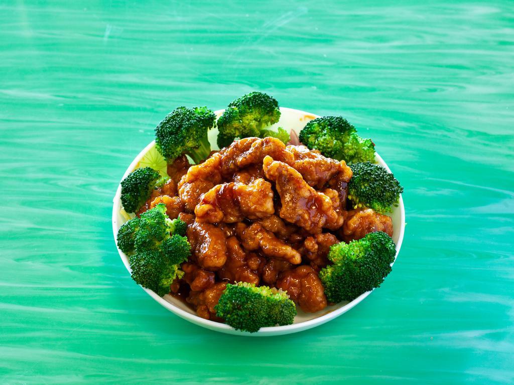 8. General Tso's Chicken · Chunks of chicken lightly fried with hot bean sauce. This plate was devised by a private chef of General Tso who was a famous general in szechuan army. Spicy.