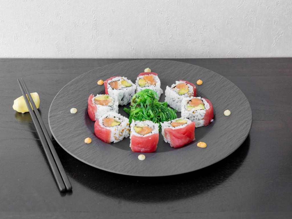 Cherry Blossom · Salmon, avocado and tempura crunch topped with tuna