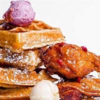 Honey Garlic Chicken ＆ Waffles · 2 pieces of Fried Chicken tossed in Warm Honey Garlic Sauce served with your choice of waffl...