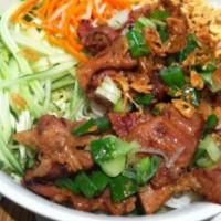 Rice Vermicelli with Grilled Pork · Comes with lettuce, cucumber, carrot, peanut, and meat. Served with fish sauce.