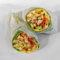 W1. California Wrap · Grilled chicken, romaine lettuce, avocado, roasted peppers, cucumber, and Russian dressing.