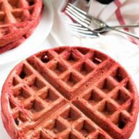 Red Velvet Waffle · One 6” Red Velvet Waffle seved with butter and syrup