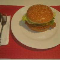 Spicy Chicken Sandwich · Served on a fresh toasted sesame bun with a all white meat spicy chicken, with lettuce, toma...