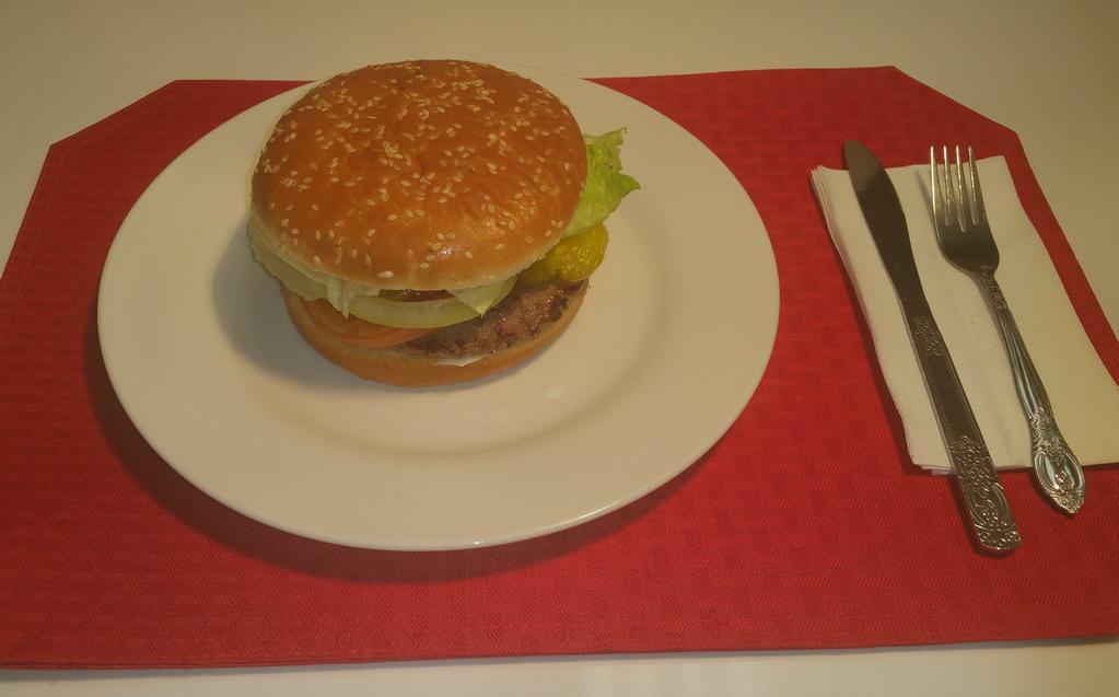 Hamburger · Served on a fresh toasted sesame bun with 1/4 pound of 100% Beef and, with lettuce, tomato, pickles, onions, mayo and ketchup.