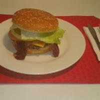 Bacon Cheese Burger · Served on a fresh toasted sesame bun with 1/4 pound of 100% Beef and Bacon, 1 Slice of Ameri...