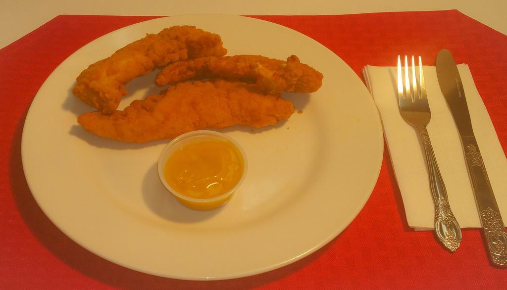 3 Pieces Chicken Tenders · 3 pieces of all white meat center cut Chicken Tenders Only. Dipping Sauces: Honey  Mustard Sauce, Ranch, Bar-Ba-Que Sauce.