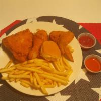 3 Pieces of Chicken with French Fries and 1 Dinner Roll · Comes with  3 Pieces of our delicious fried chicken (Leg,Thigh, and Wing), a order of French...