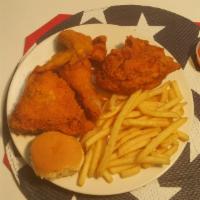 12 pieces of Chicken with French Fries and 4 Dinner Roll · Comes with  12 Pieces of our delicious fried chicken mixed with French Fries and 4 Dinner Roll