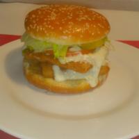 Double Fish Sandwich · Served on a freshly toasted sesame bun with  ( 2) Whiting Fish, and with lettuce, tomato, pi...