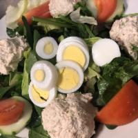 Tuna Salad · Homemade tuna salad, tomato, red onion, cucumbers, and hard-boiled egg. Served with balsamic...