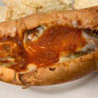 Meatball Parmesan Hot Sandwich · Homemade meatballs in marinara sauce topped with provolone cheese.