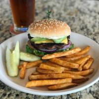 Black Bean Burger · Signature blend of black beans, rice, and corn topped with avocado, lettuce, tomato, and oni...