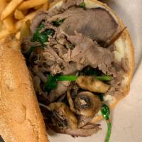 Hot Roast Beef and Spinach Sandwich · Mushrooms, spinach, and provolone on a fresh kaiser roll.