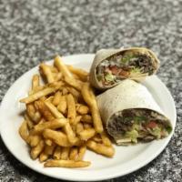 Cheesesteak Wrap · Fried onions, green peppers, lettuce, tomatoes, and mozzarella cheese. Served with french fr...