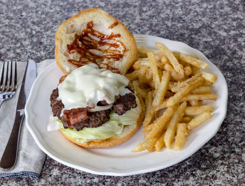 Texas Burger · Provolone cheese, fried onion, bacon and BBQ sauce. Fresh homemade 8 oz. beef served on a Brioche Roll.