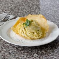 Pasta with Alfredo Sauce · Homemade with heavy cream, grated Romano. Served with homemade sauce. Includes a side salad ...