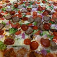 The Works Pizza · Sauce, cheese, Broccoli, mushroom, onion, tomatoes and spinach, pepperoni and sausage.