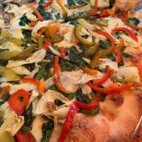 Mediterranean Pizza · Artichokes, eggplant, roasted red peppers and spinach. Made with homemade sauce, highest qua...
