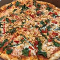Chicken Italiano Pizza · Mozzarella cheese, grilled chicken, roasted peppers and spinach. Made with homemade sauce, h...