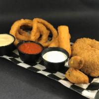 Sampler · 2 Chicken Fingers, 2 Mozzarella Sticks, 2 Jalapeno Poppers and 4 Onion Rings. Served with Ho...