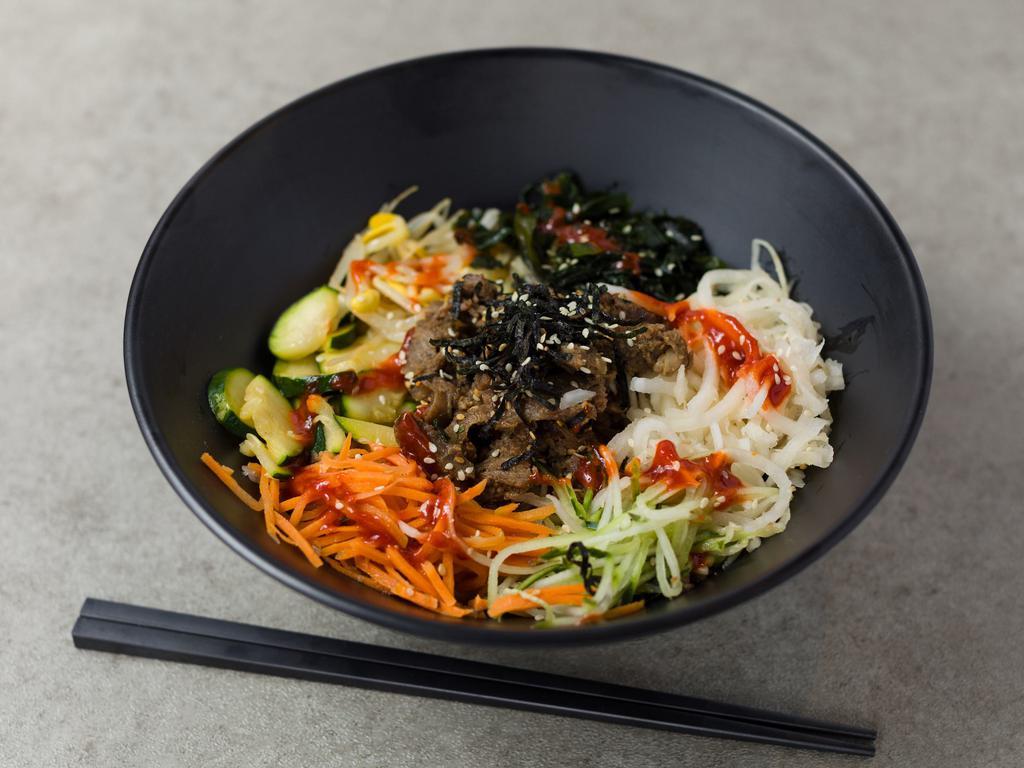 E2 Bibimbob · Assorted vegetables (pickled radish, cucumber, egg, carrot, shiitake mushroom, squash, seaweed and bean sprouts) with white rice.