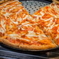 Buffalo Chicken Pizza · Chicken tossed with Buffalo sauce, and blue cheese dressing.