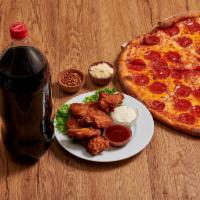 Pizza and Wings Package · One large pie with one topping and buffalo wings. Includes 2L soda