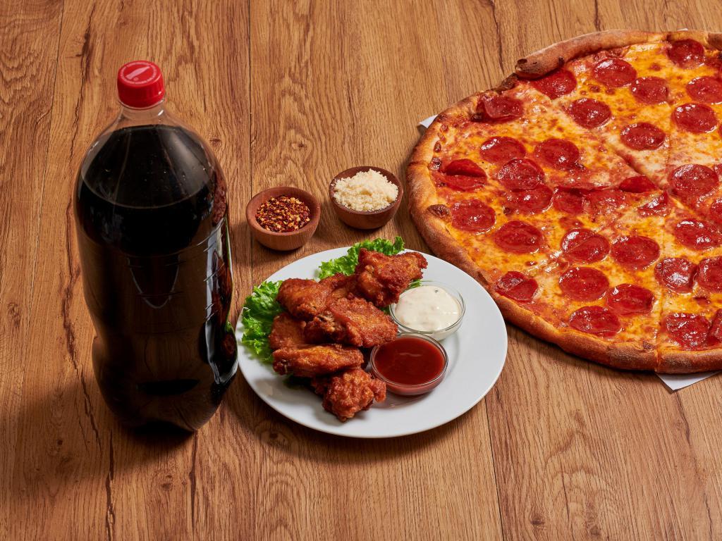 Pizza and Wings Package · One large pie with one topping and buffalo wings. Includes 2L soda